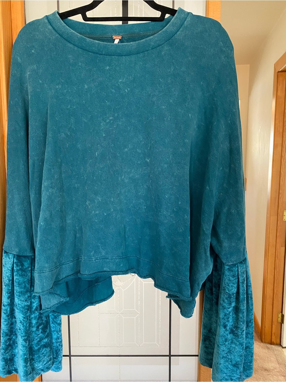 Oversized Free People Teal Velvet Bell Sleeve Pullover
